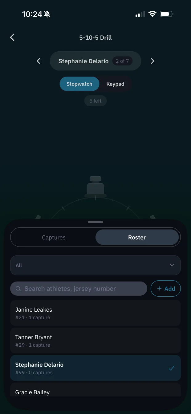Timing a 5-10-5 drill with the in-app stopwatch