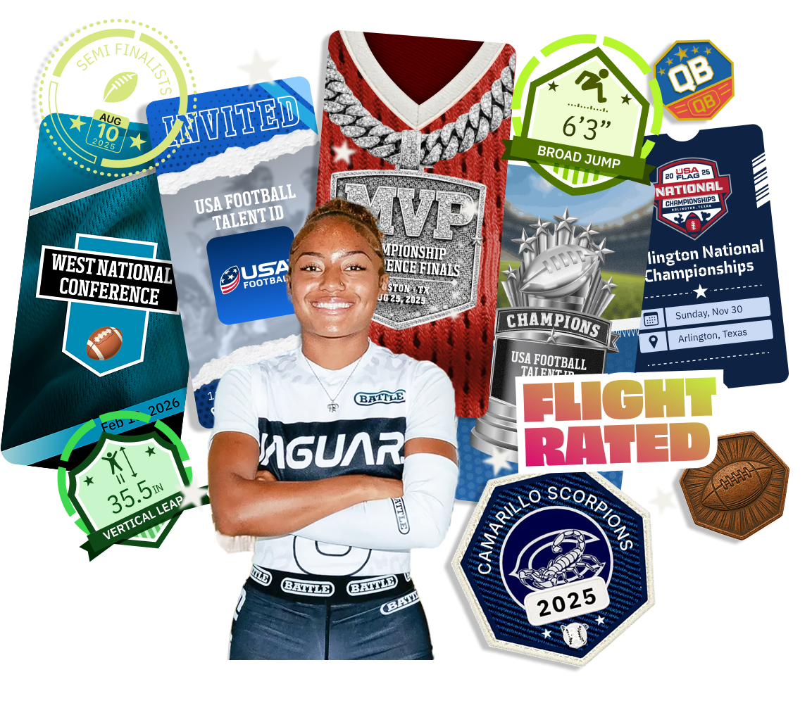 Athlete profile collage showing badges, stats, and competition results
